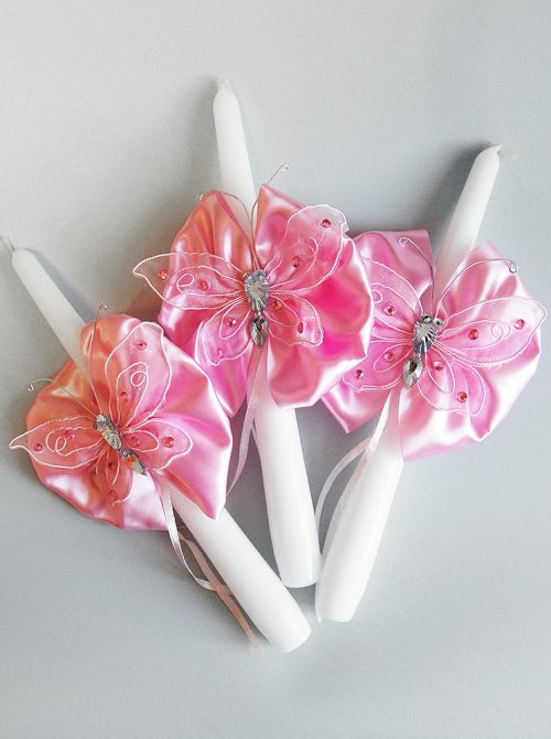 Set lumanari cristelnita cu floricele si fluturi roz
