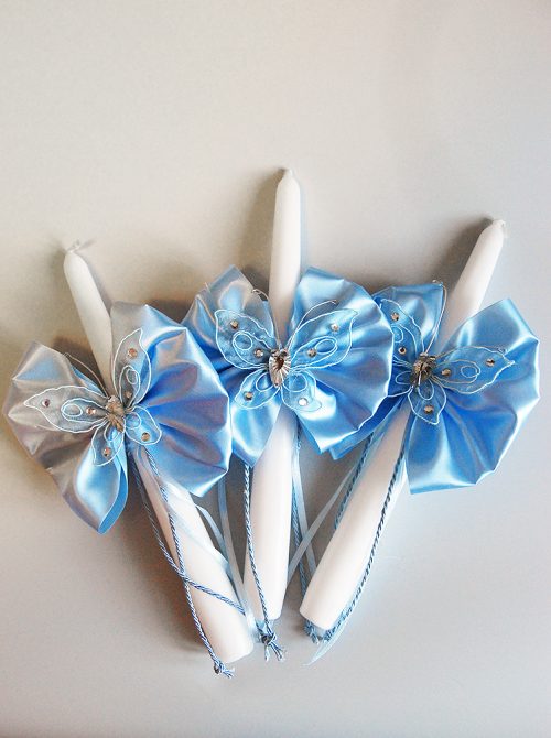 Set lumanari pentru cristelnita cu floricele si fluturi bleu
