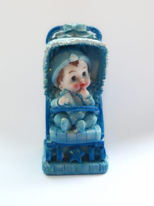 Figurina tort botez bebe cu carucior bleu