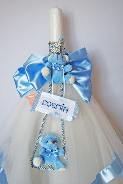 Lumanare botez cu ursuleti bleu si decor personalizat
