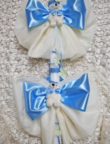 Lumanare de botez cu fundite din voal si decor bleu