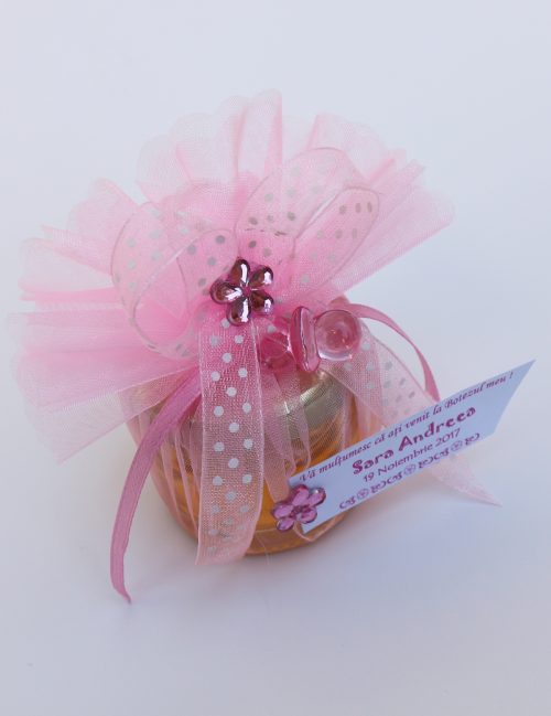 Marturie borcanel cu miere cu decor organza roz 2