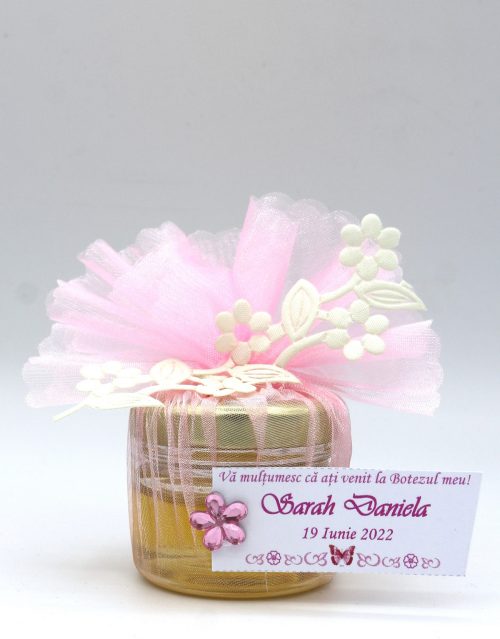 Marturie botez borcanel cu miere sau arahide glazurate cu organza roz si dantela