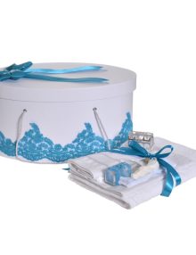 Ce trebuie sa faca nasa la biserica 17 lumanare cu mesaj si cutie trusou decor dantela lata Turcoaz