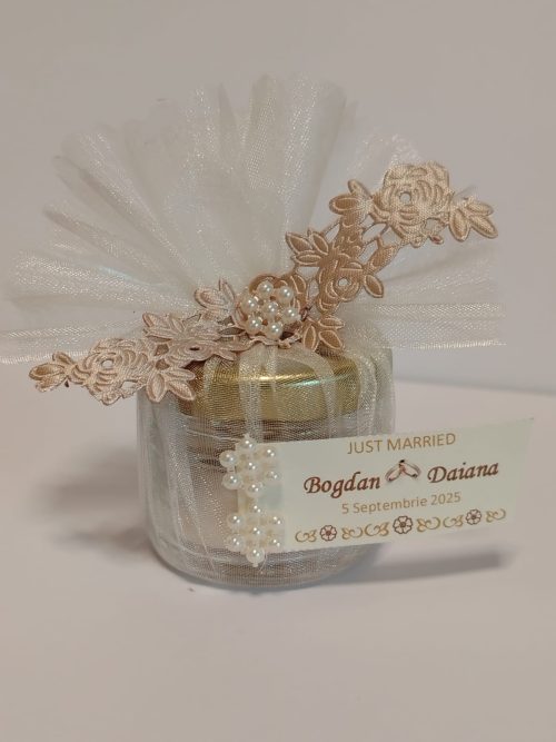 Borcanel Organza Albă & Dantelă Rose Gold cu Arahide Glazurate sau Miere
