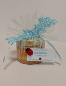 Mărturie Botez cu Miere 30 ml – Organza Albă & Dantelă Bleu