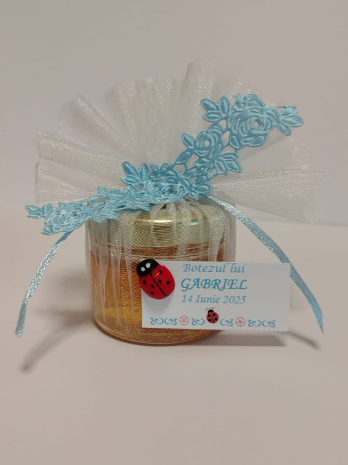 Mărturie Botez cu Miere 30 ml – Organza Albă & Dantelă Bleu